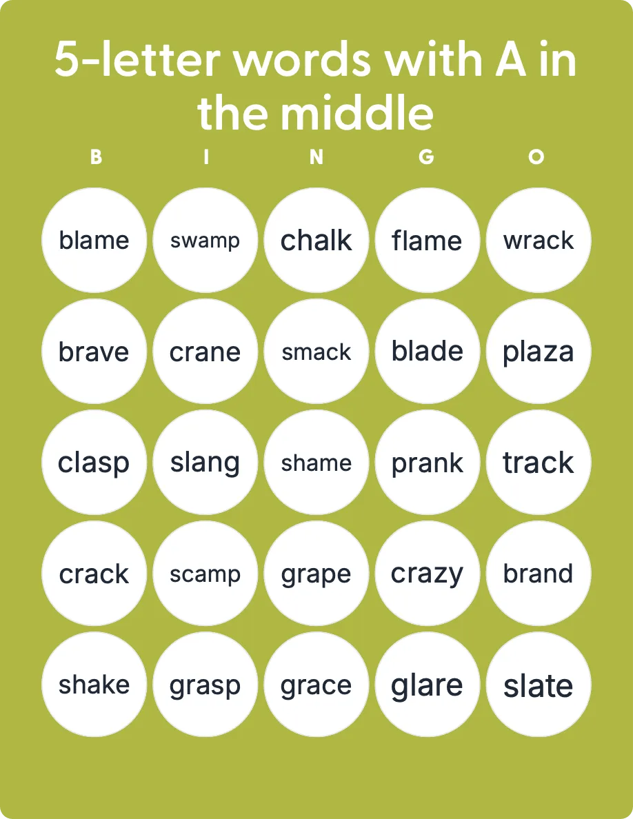 5-letter Words With A In The Middle - Bingo Card Creator