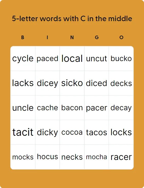 5-letter Words With C In The Middle - Bingo Card Creator