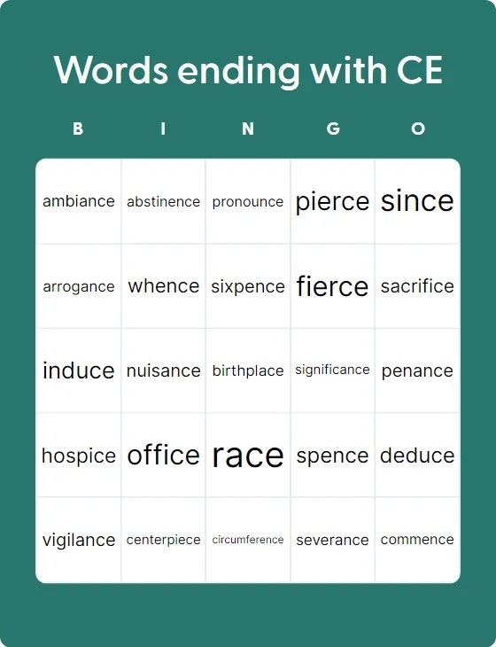 Words Ending With CE - Bingo Card Creator