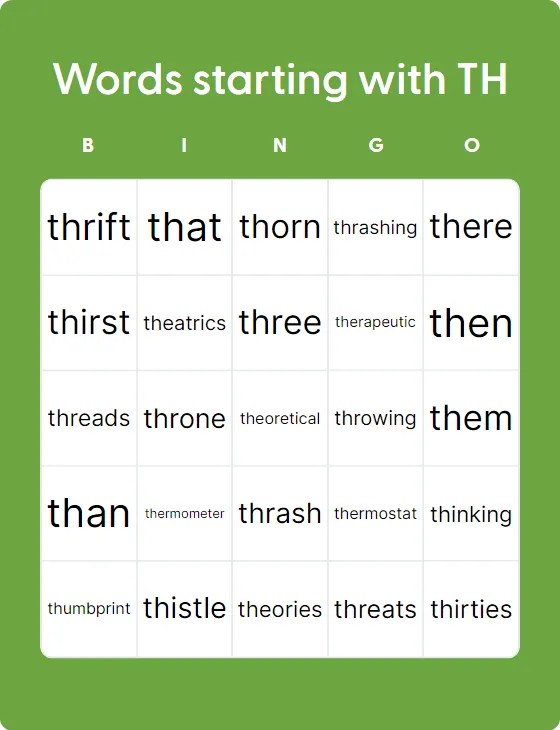 Words Starting With TH - Bingo Card Creator