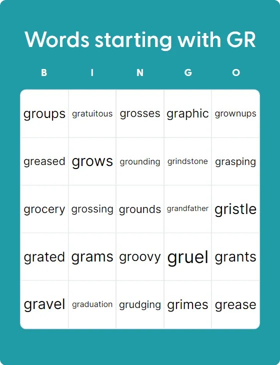 Words Starting With GR - Bingo Card Creator