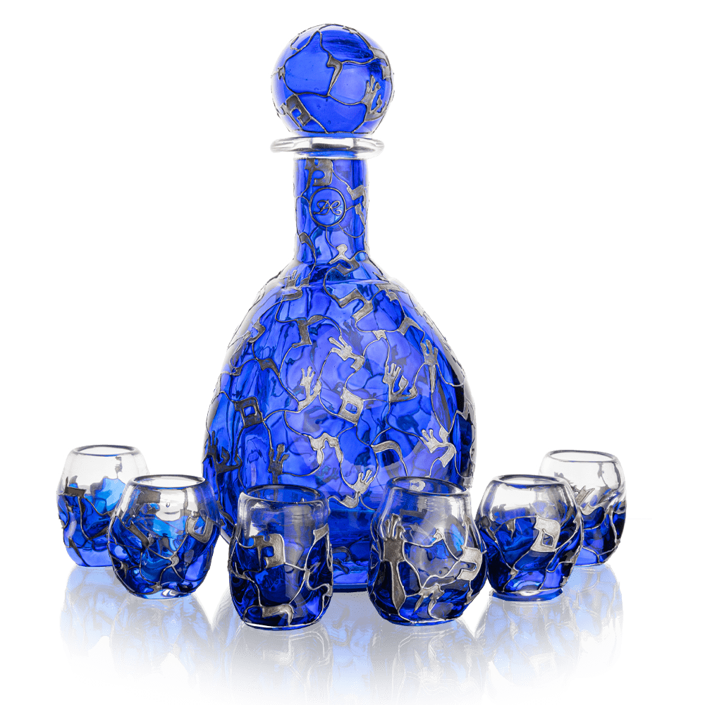 Set of decanter and 10 shot glasses David Roytman