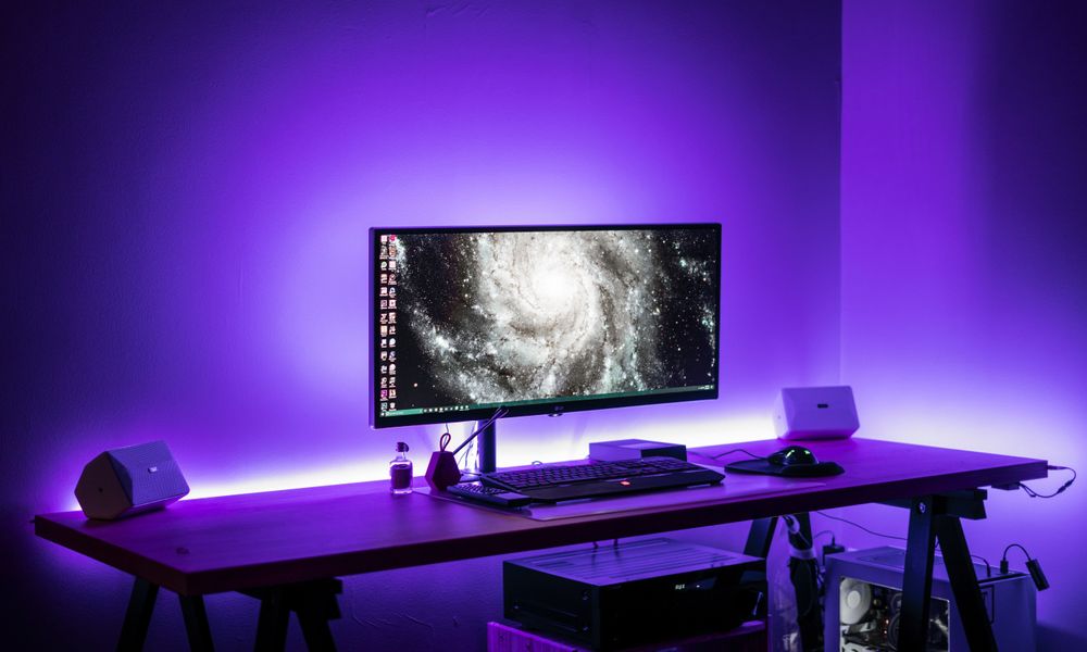 Charming Single Monitor Workspace With LED Backlight Desk Setups