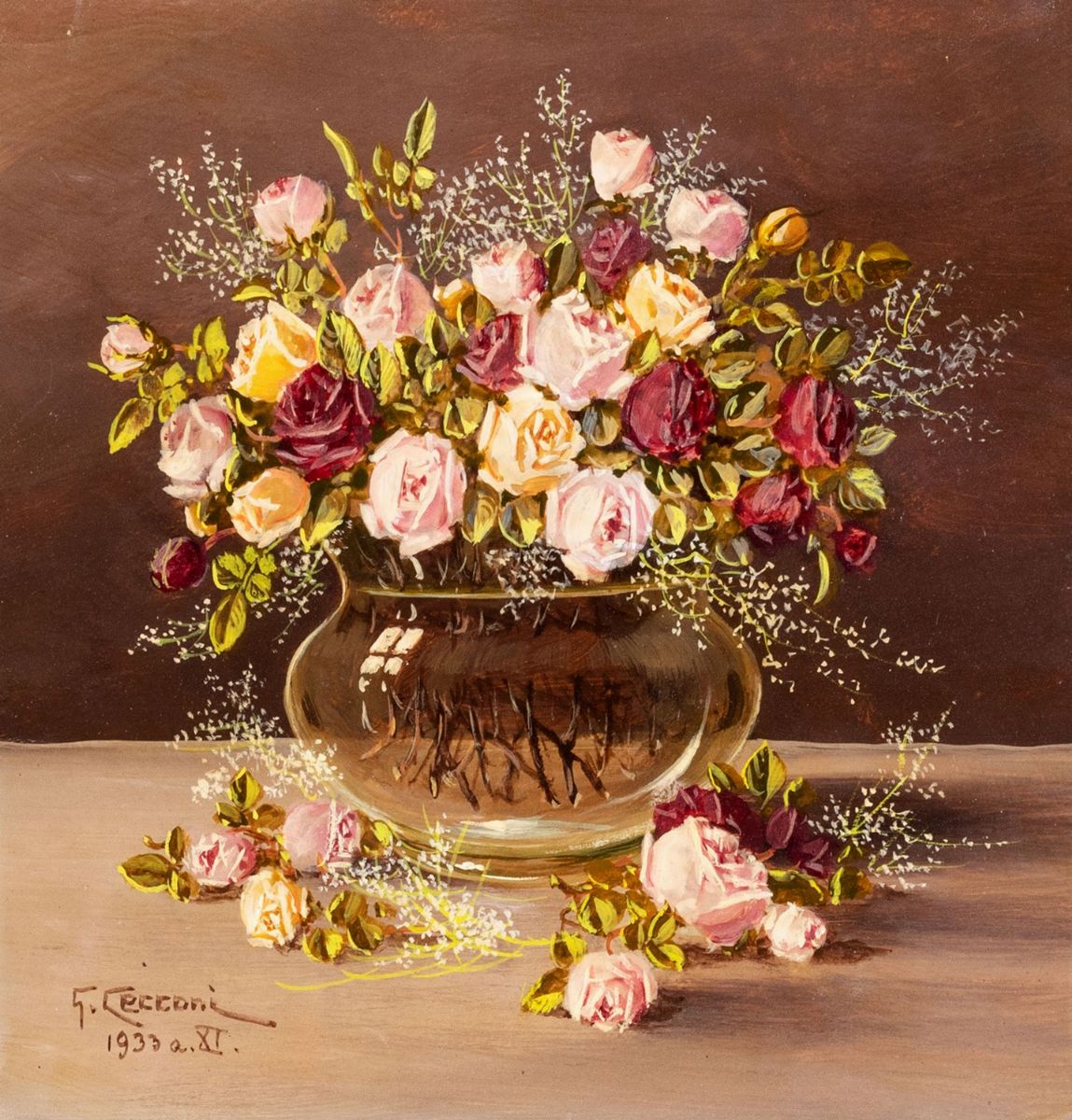 G. Cecconi (Scuola italiana XIX - XX secolo) - Vaso di rose 1933