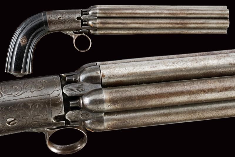A rare longbarreled percussion pepperbox revolver by Mariette about