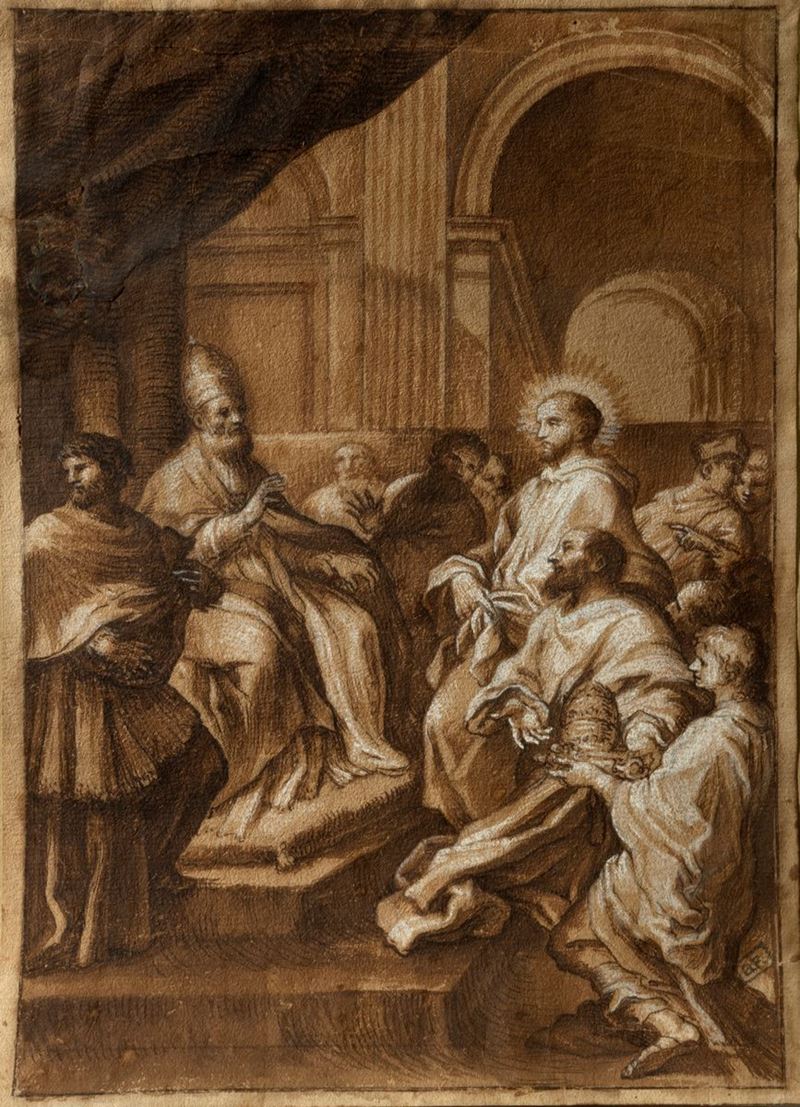 Scuola romana, secolo XVII Saint pays homage to a Pope Old Master(06)