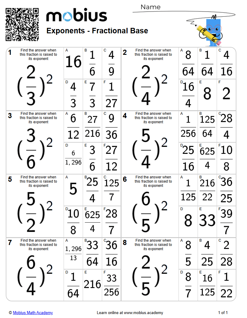 Free Printable Math Worksheet: Exponents - Fractional Base (level 1