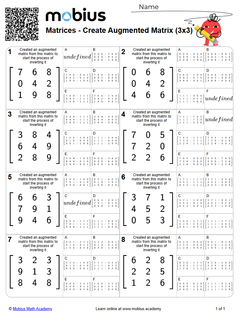 Free Printable Math Worksheet Matrices Create Augmented Matrix (3X3