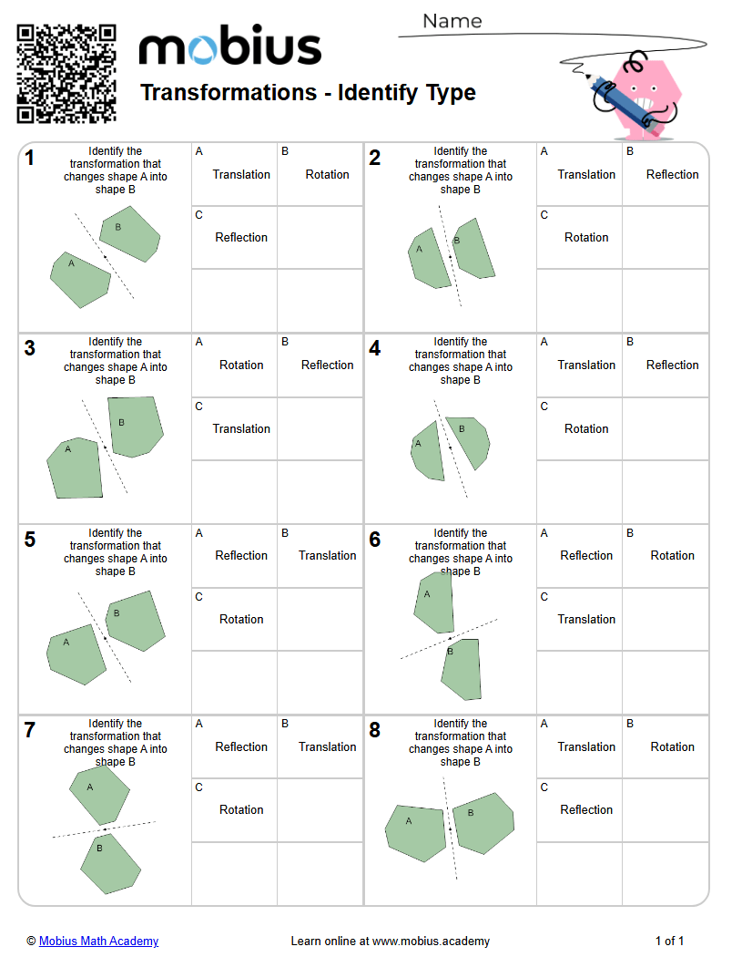 Free Worksheet: Transformations - Identify Type (level 1) - Mobius Math