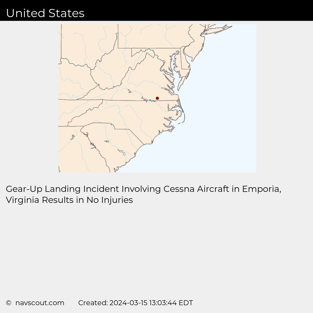 GearUp Landing Incident Involving Cessna Aircraft in Emporia, Virginia Results in No Injuries