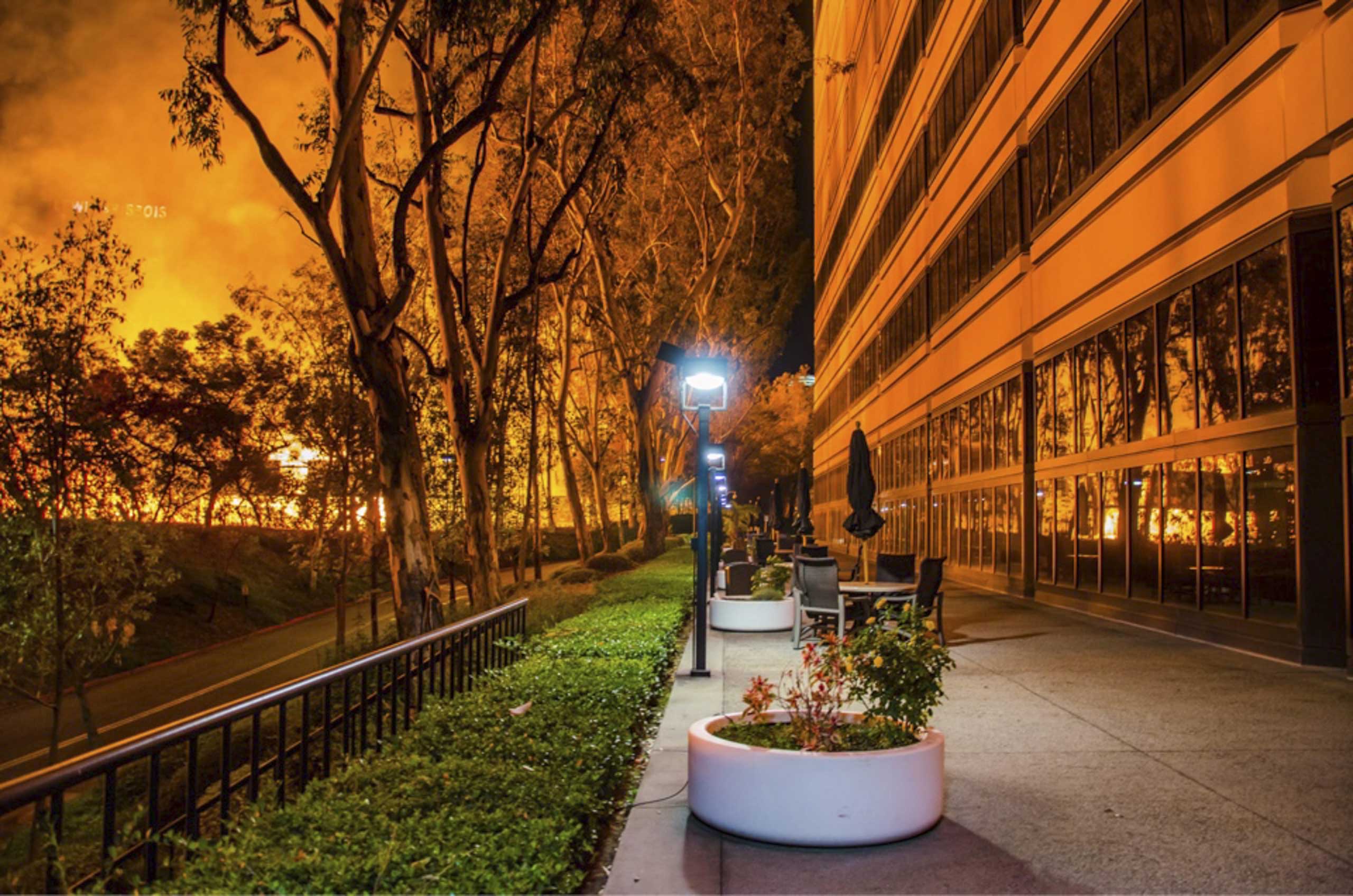 Los Angeles Large Fire Illuminates Downtown L.A. Skyline Time