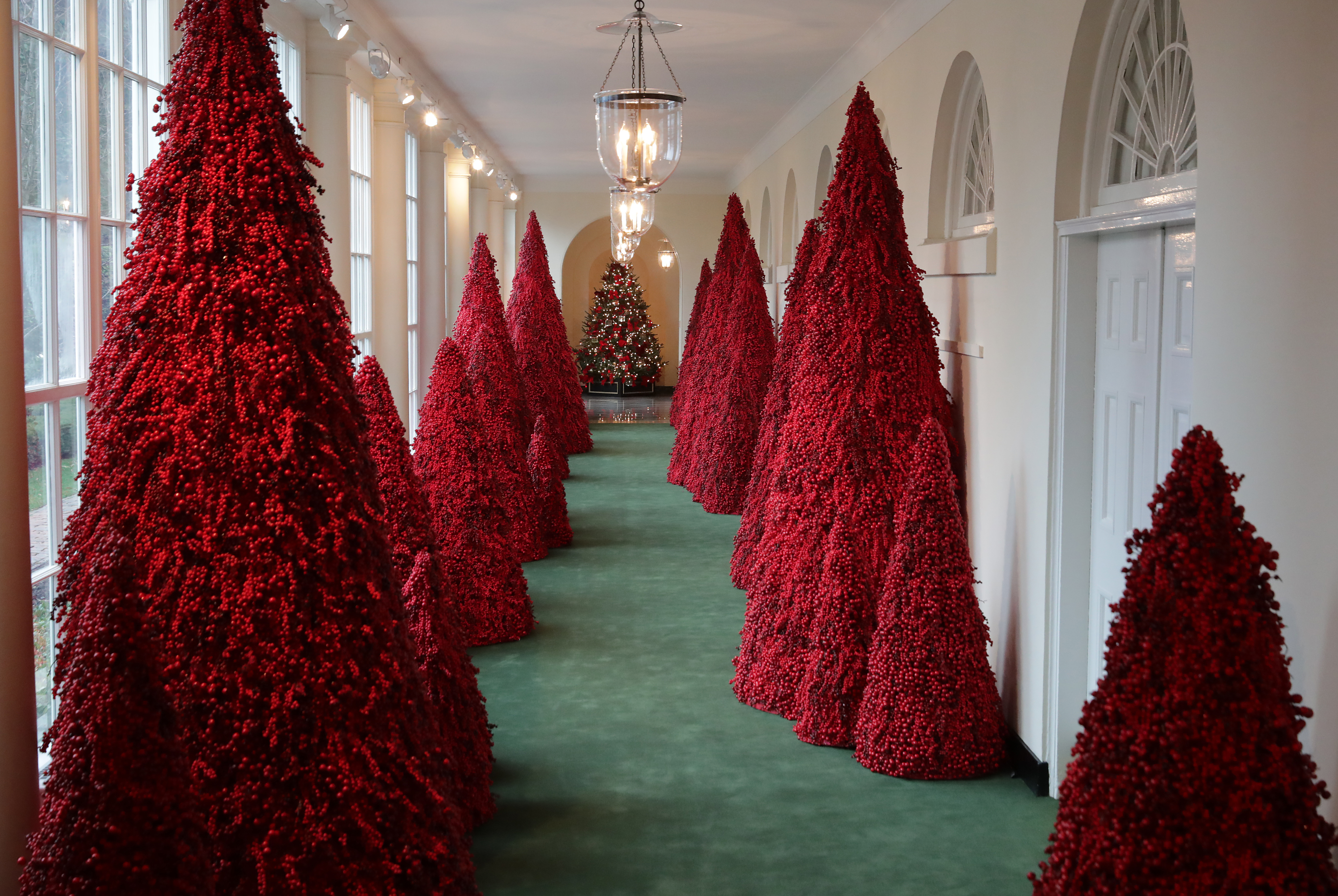 2022 White House Christmas Handmaids Melania Trump's Red Christmas Trees Become Memes | Time