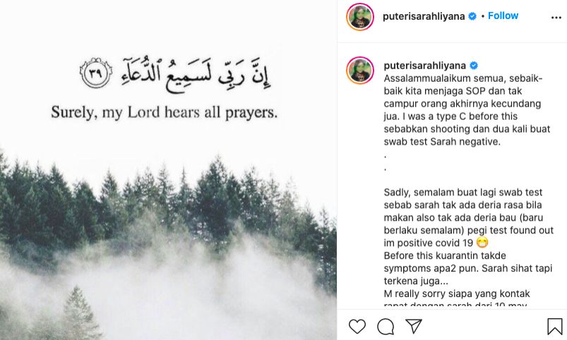 Puteri Sarah positif Covid19, hilang deria rasa dan bau Hiburan mStar