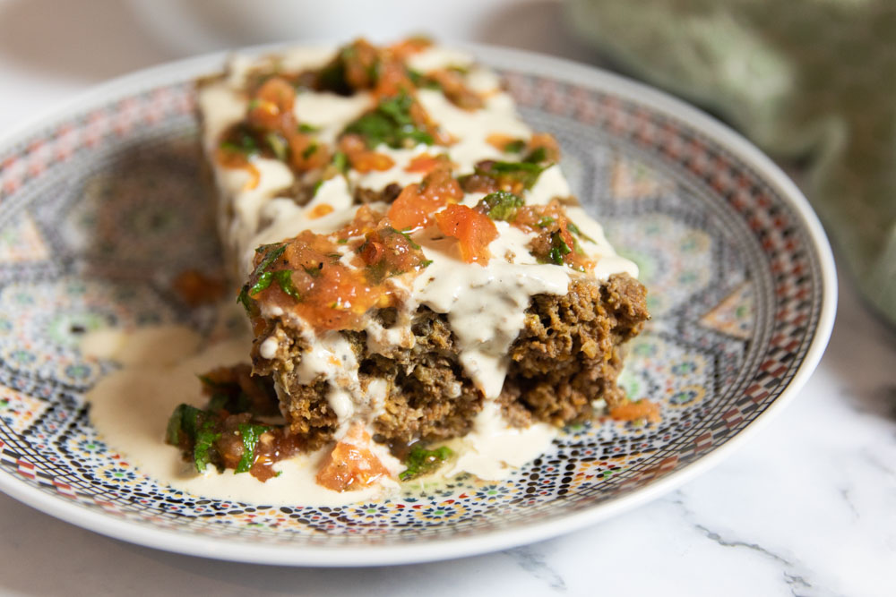 Lamb Meatloaf with Tahini Yoghurt Sauce and Tomatoes with Mint A
