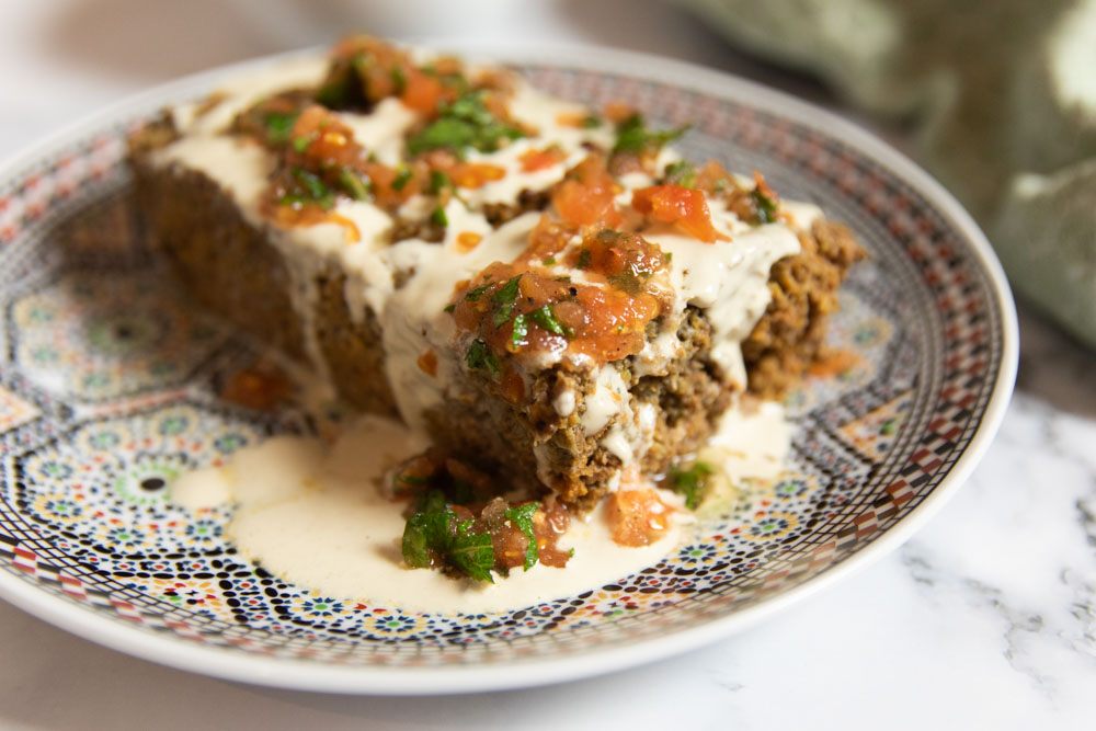 Lamb Meatloaf with Tahini Yoghurt Sauce and Tomatoes with Mint A