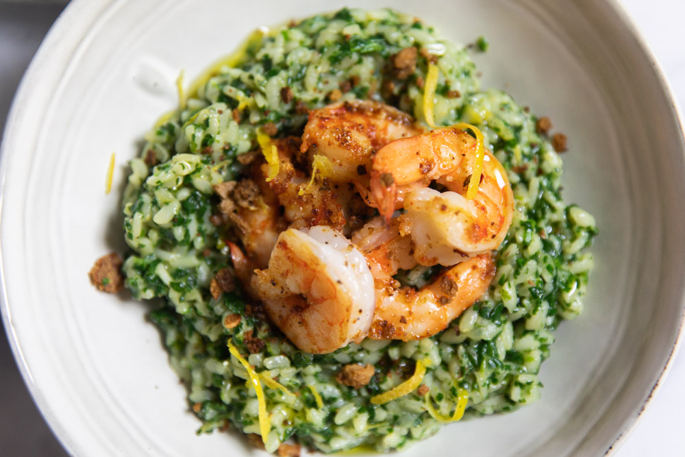 Spinach & Lemon Risotto with Garlic Shrimp and Crunchy Bread Crumb