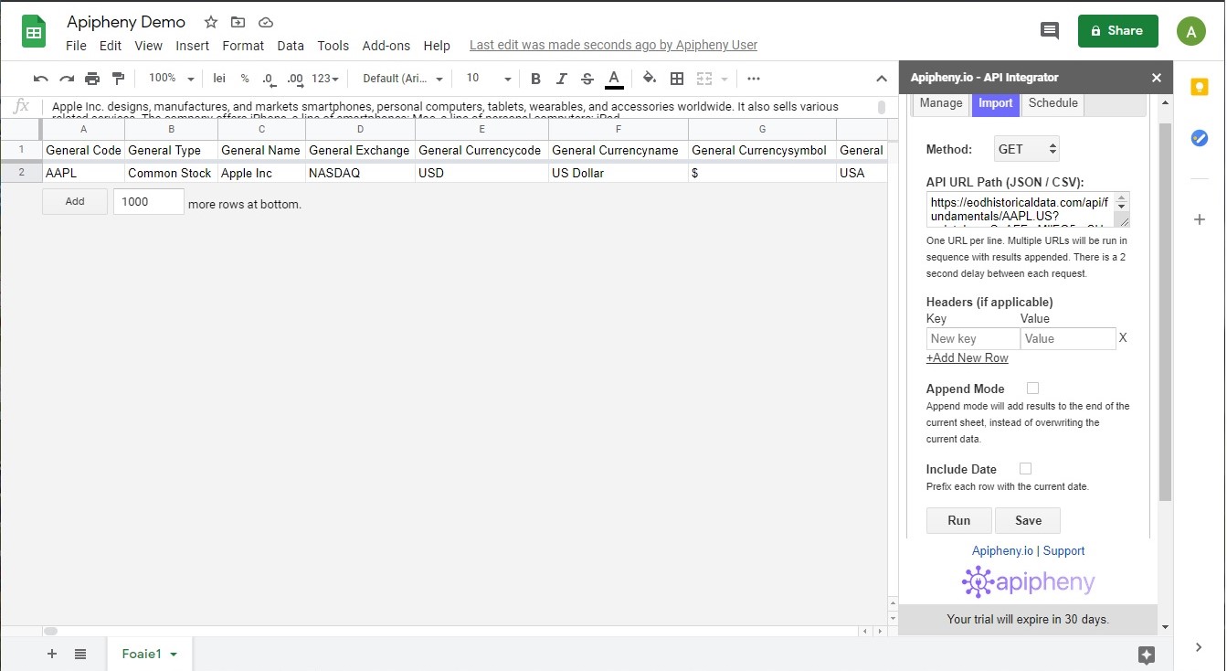 Connect EOD Stock Data API To Google Sheets [Integration] Apipheny