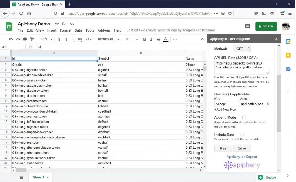 Coingecko API to Google Sheets Import Coingecko Data