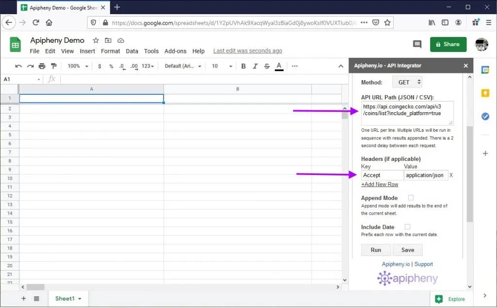 Coingecko API to Google Sheets Import Coingecko Data