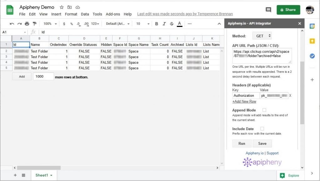ClickUp API to Google Sheets Import ClickUp Data [Tutorial] Apipheny