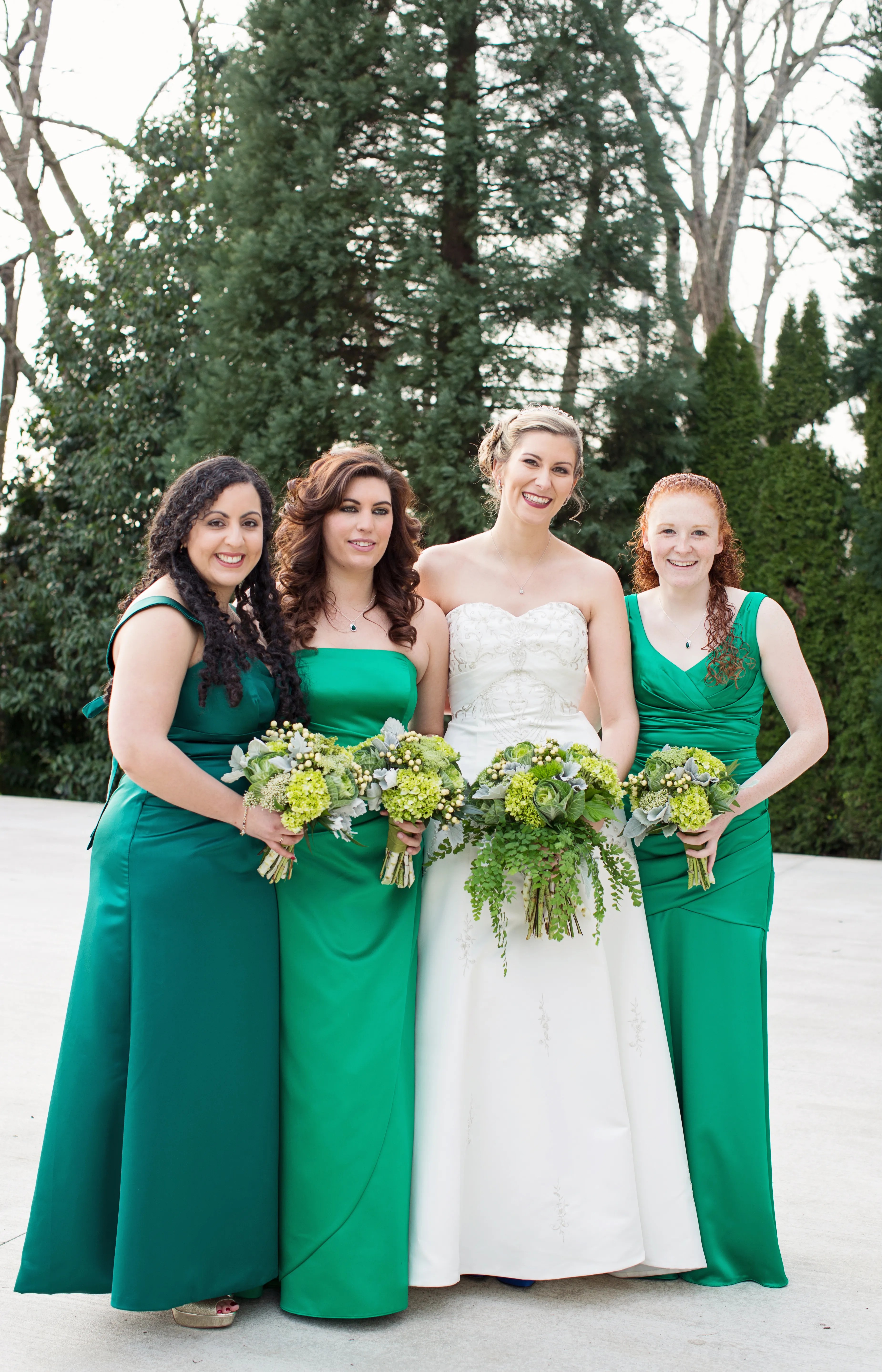 Emerald Green, Full Length, Mismatched Winter Bridesmaid Dresses