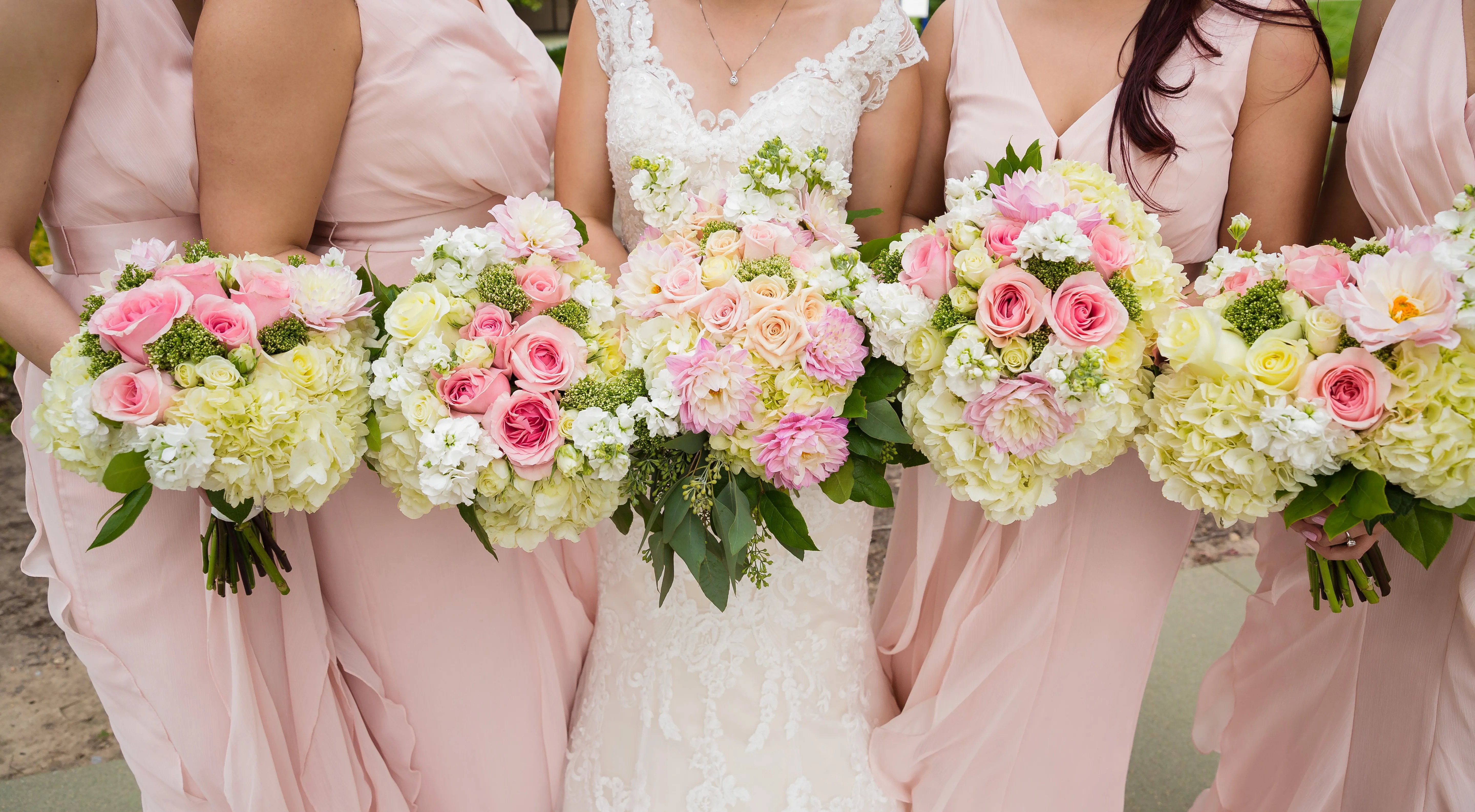 Pink Garden Rose and Ivory Hydrangea Bouquets