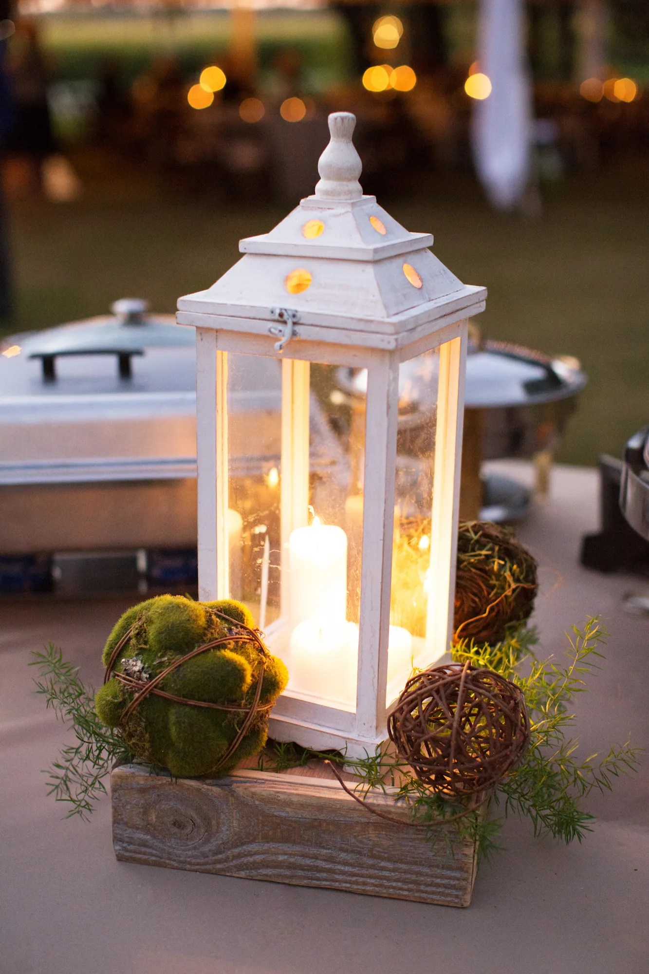 Rustic White Lantern, Green Moss Ball Wedding Centerpieces