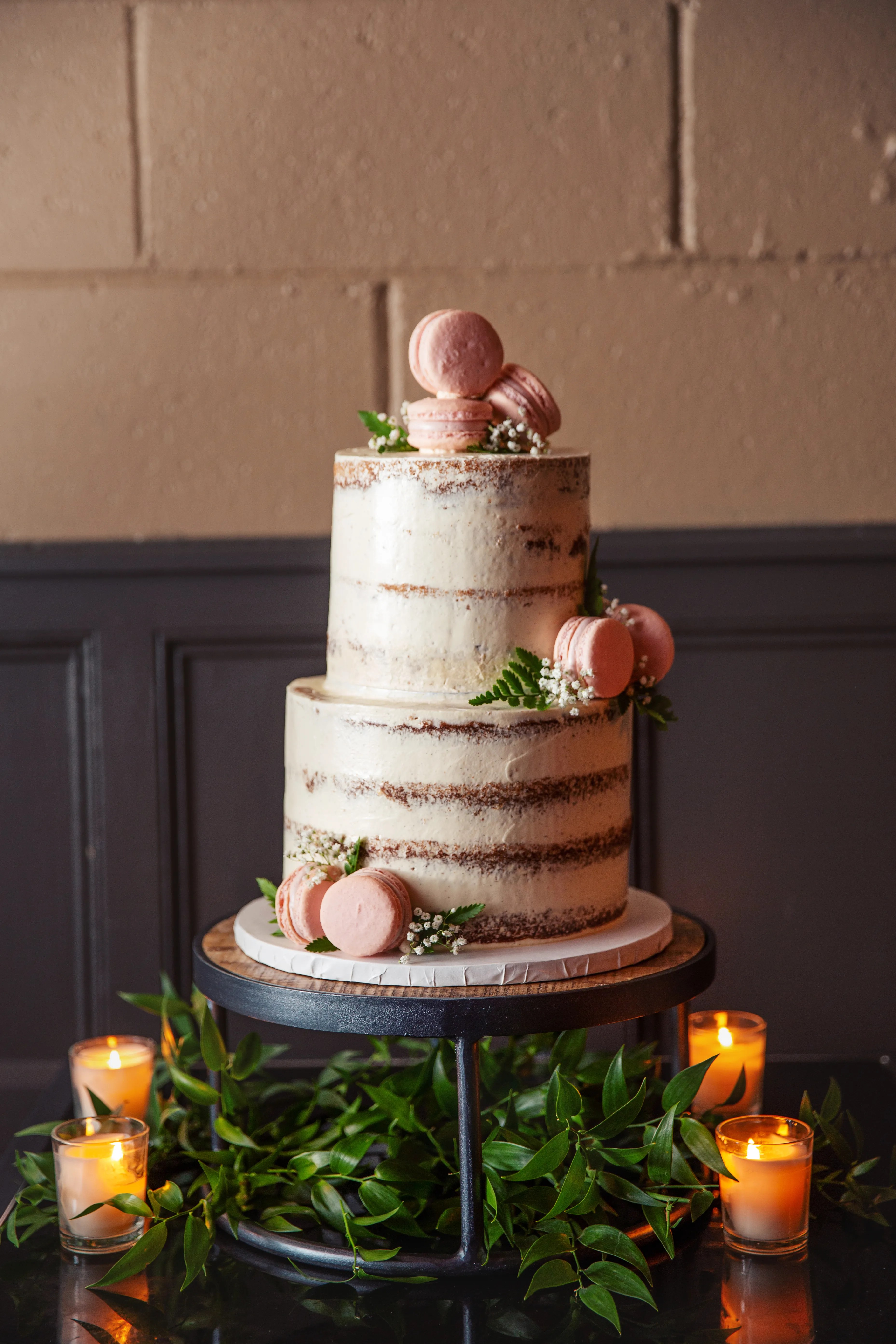 TwoTier Naked Cake with Pink Macarons