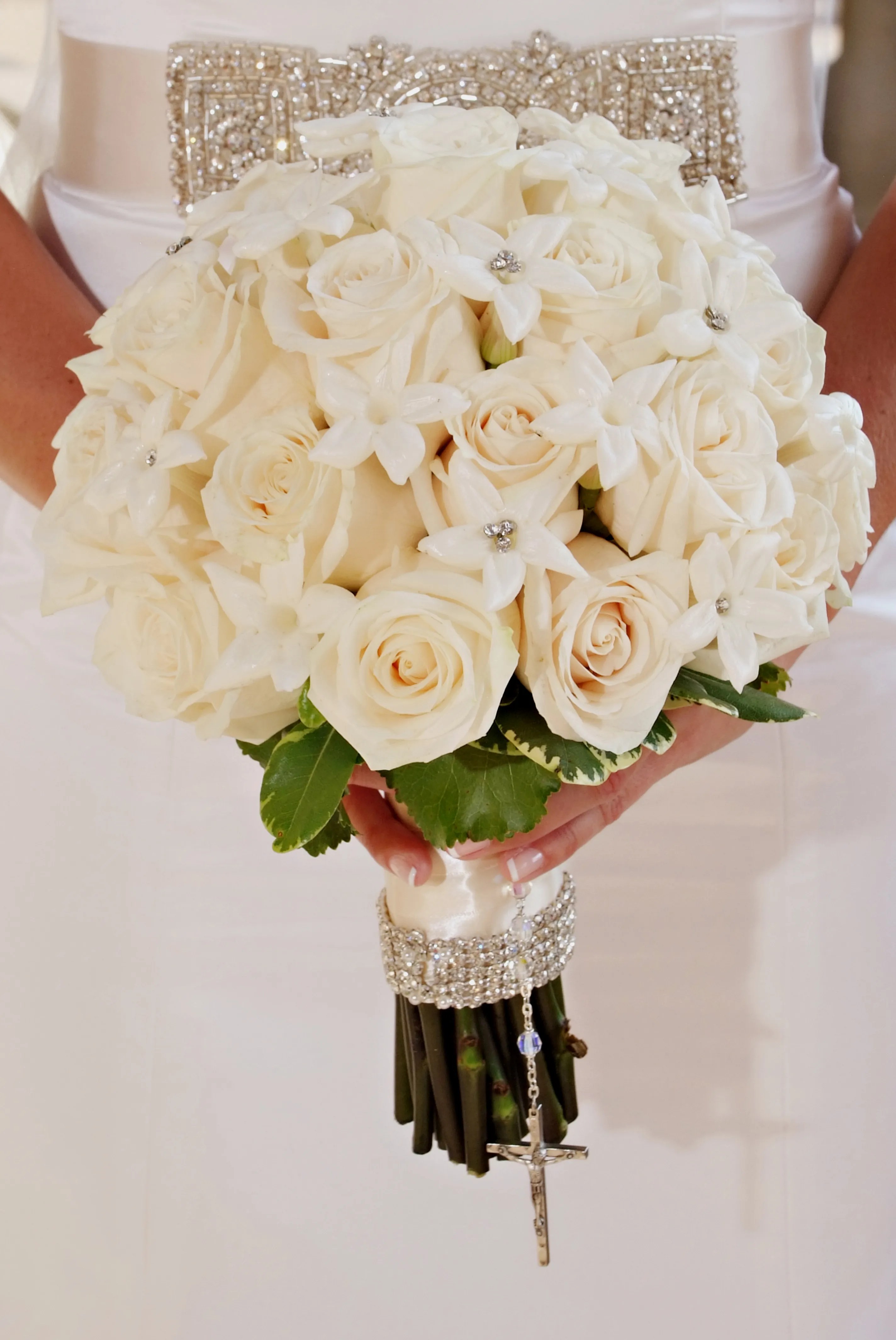 Ivory Rose Bouquet with Silver Rosary