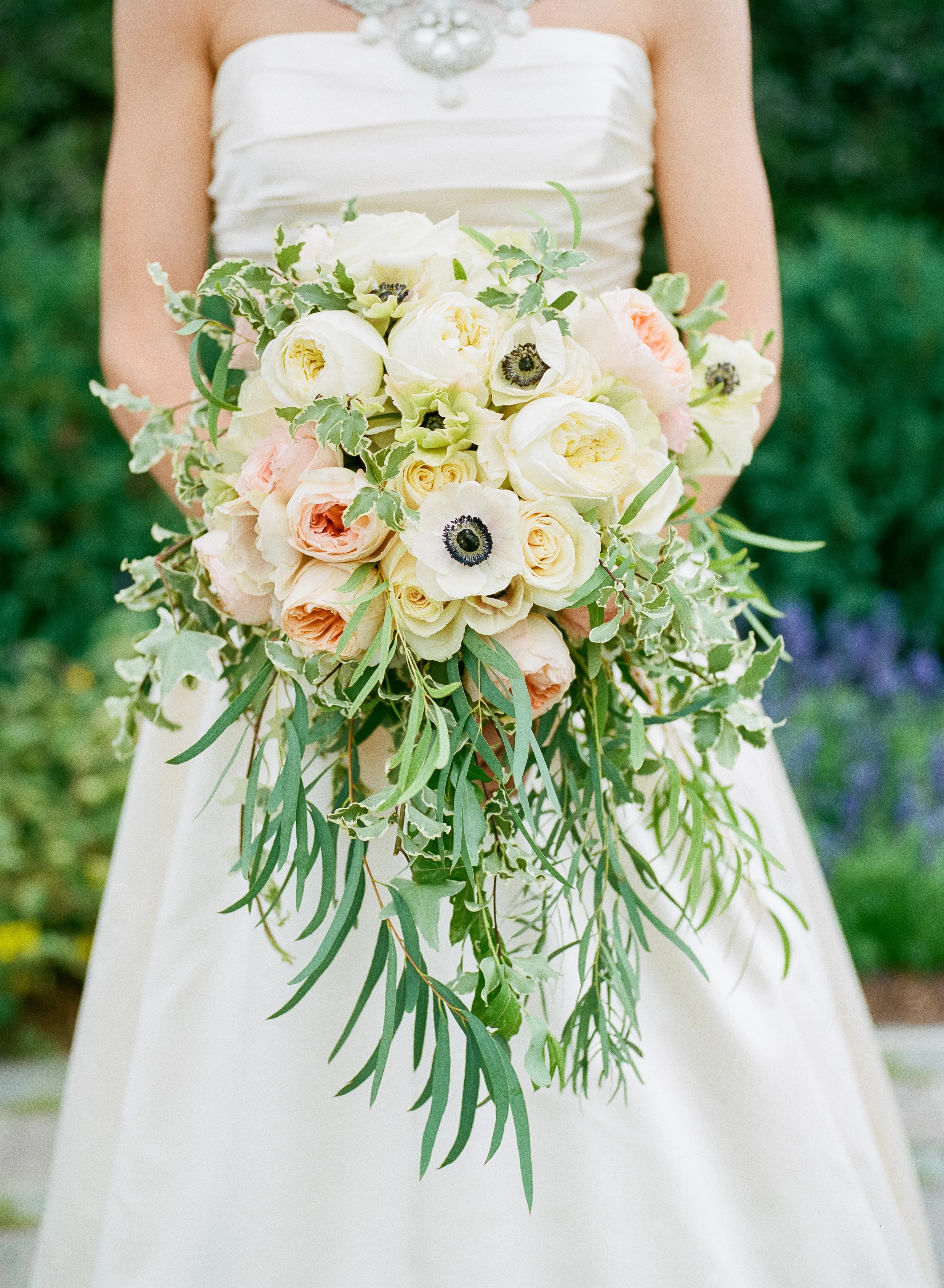 Romantic Cascading Ivory, Blush Bridal Bouquet with Greens
