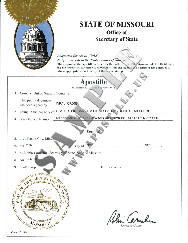 Authentications of Documents State Missouri