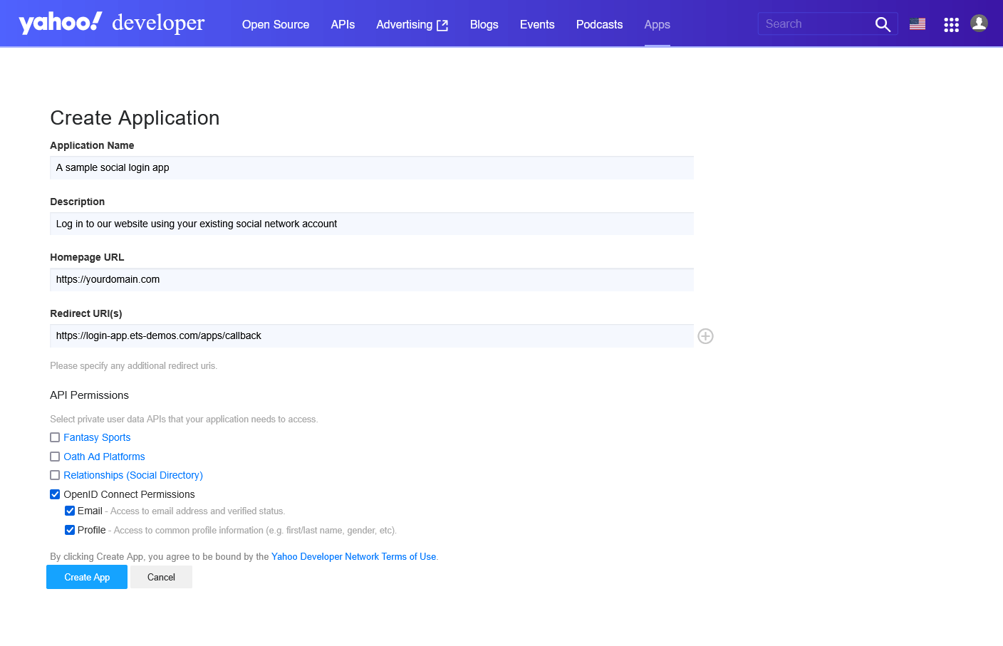 Get Yahoo API key pair