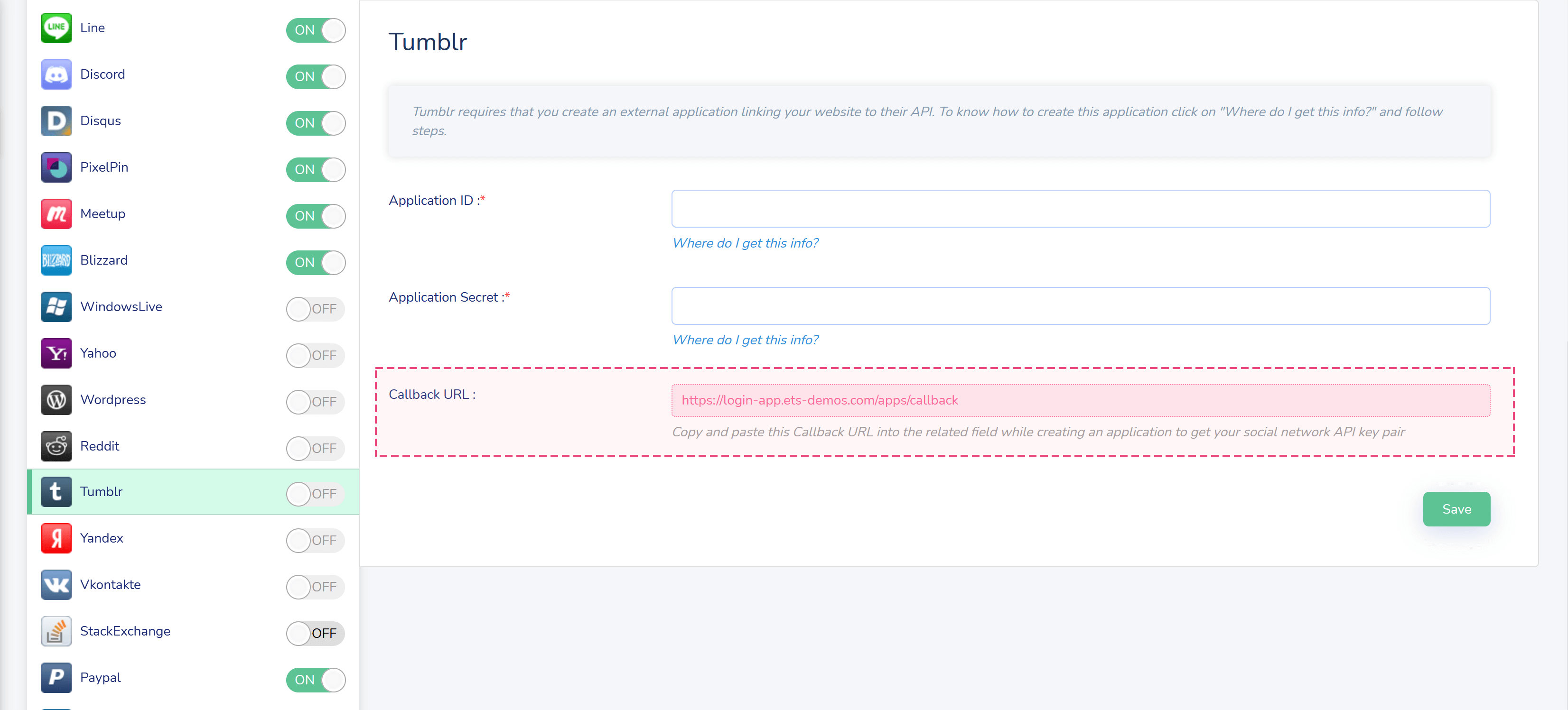 Get Tumblr API key pair