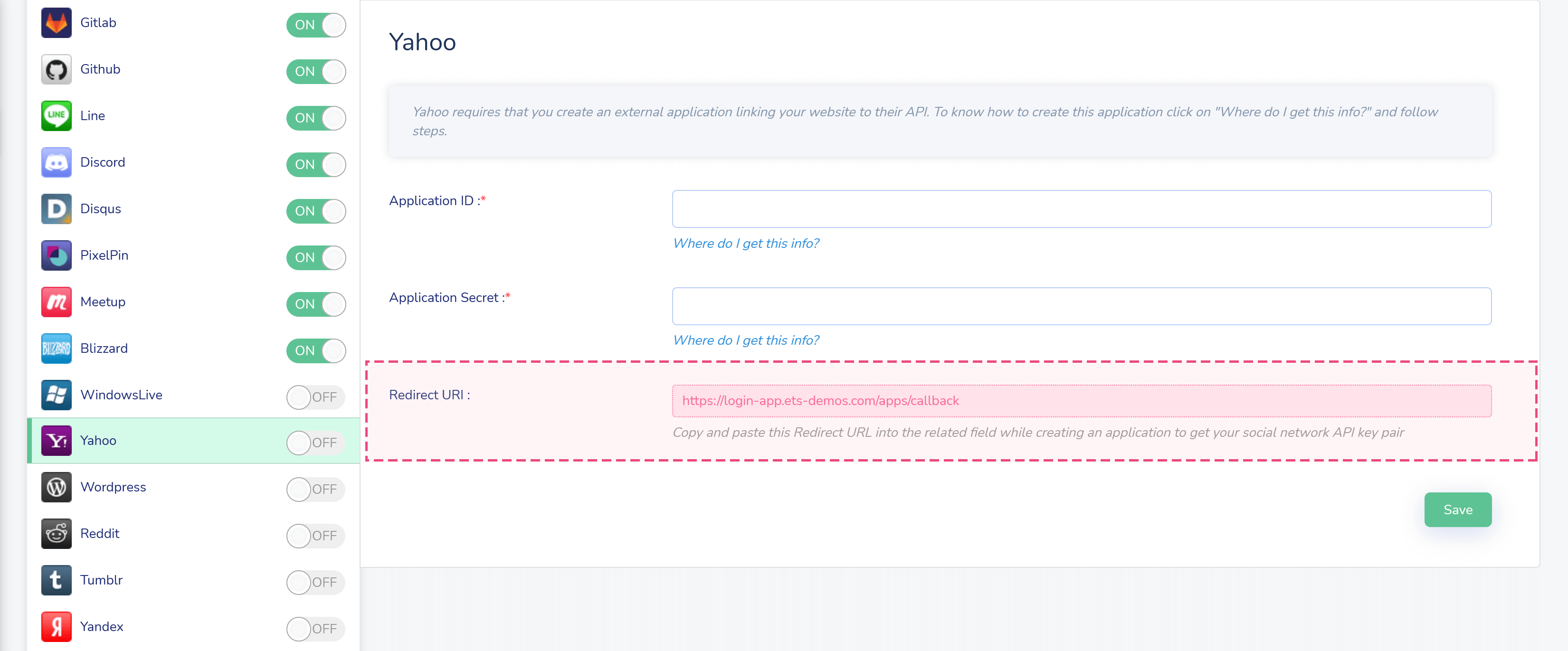Get Yahoo API key pair