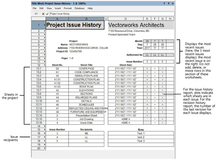Project revision and issue history worksheets