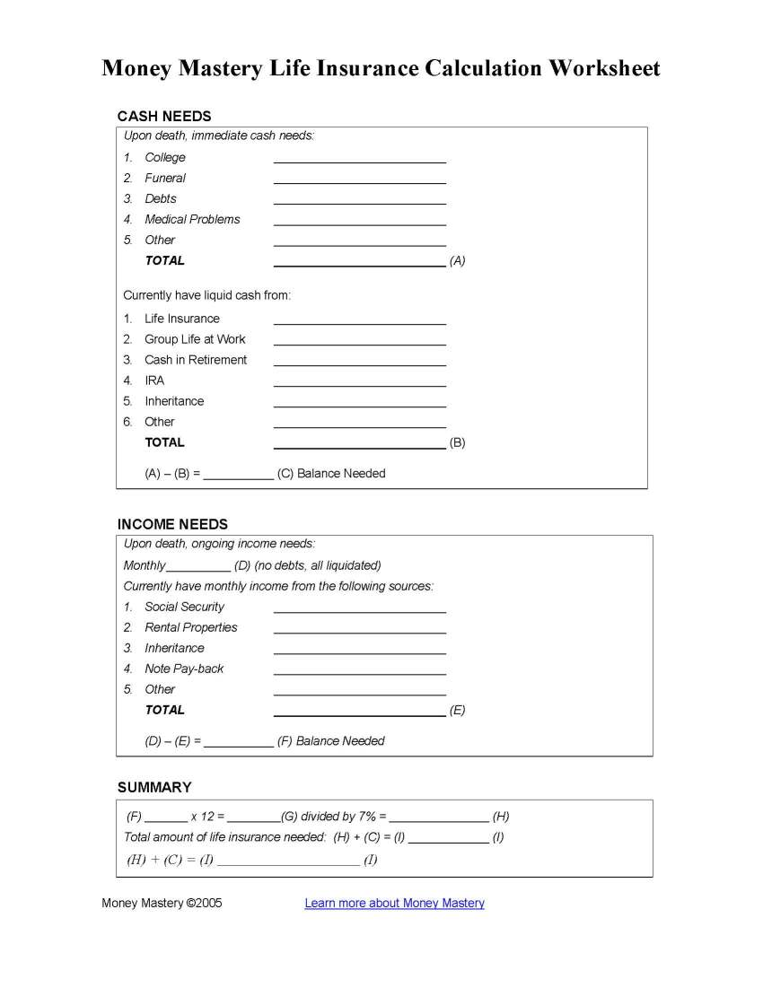 Life Insurance Needs Worksheet - Promotiontablecovers