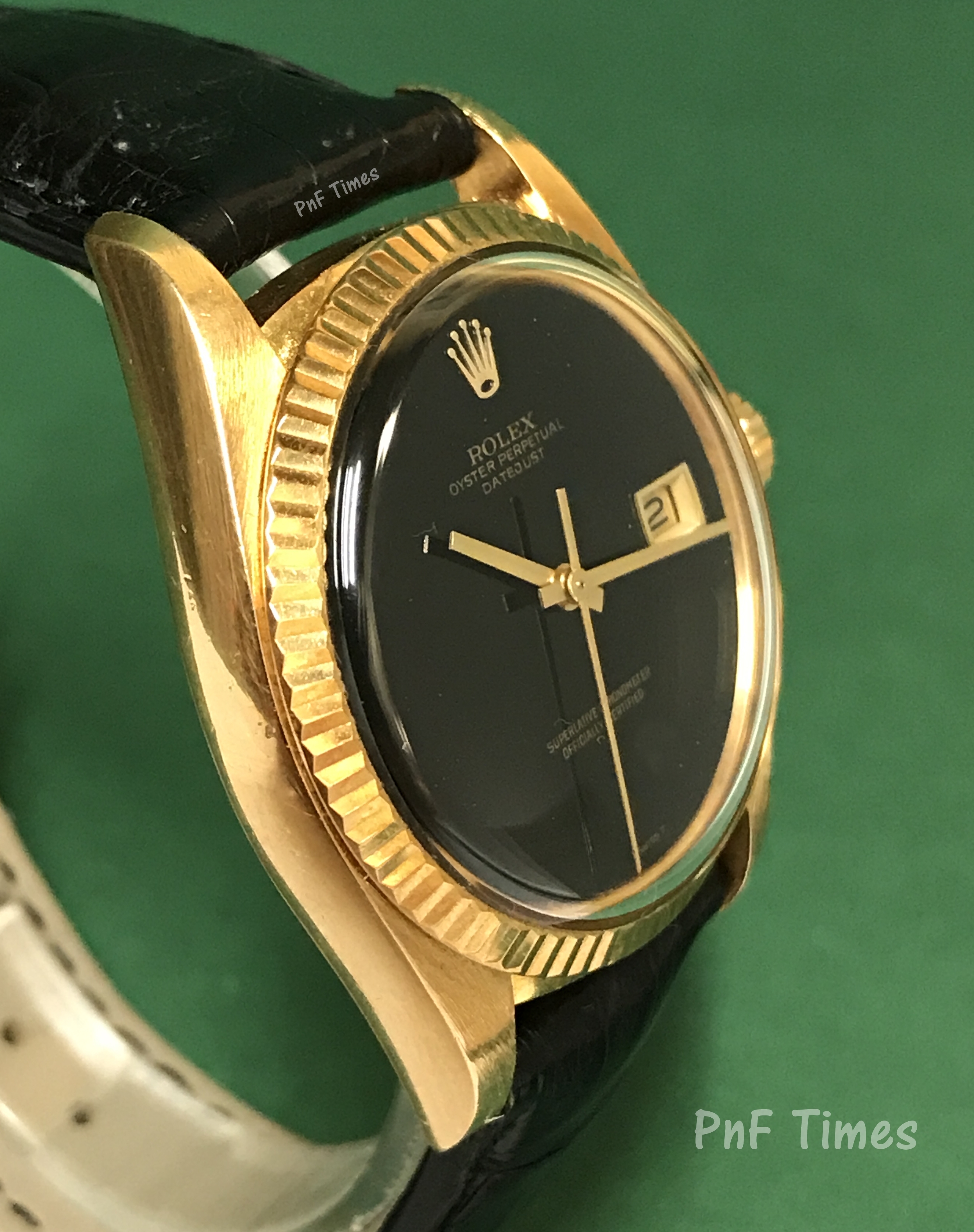 Rolex 1601 Oyster Perpetual Datejust 18K YG Onyx Dial with Leather