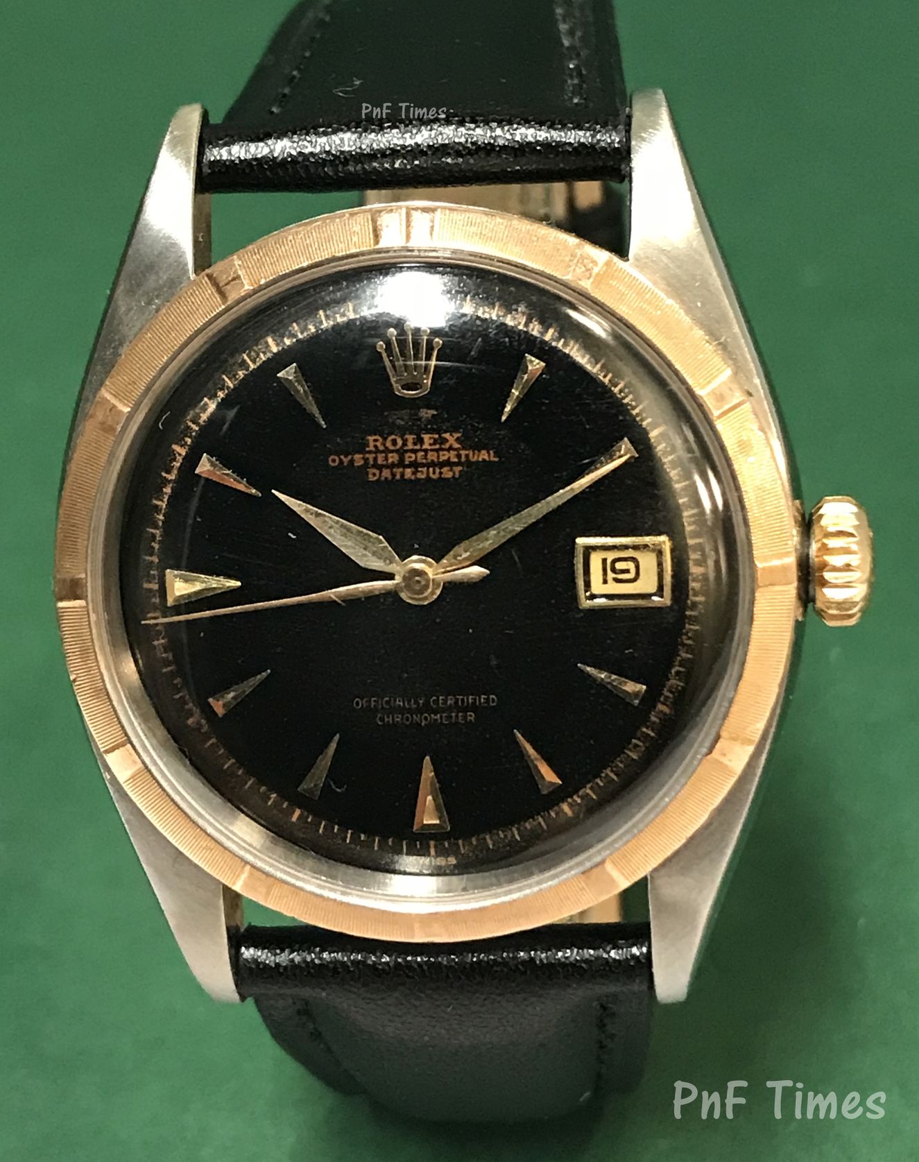 Rolex 6305 Oyster Perpetual Datejust RG/SS Black Gilt Dial with Leather