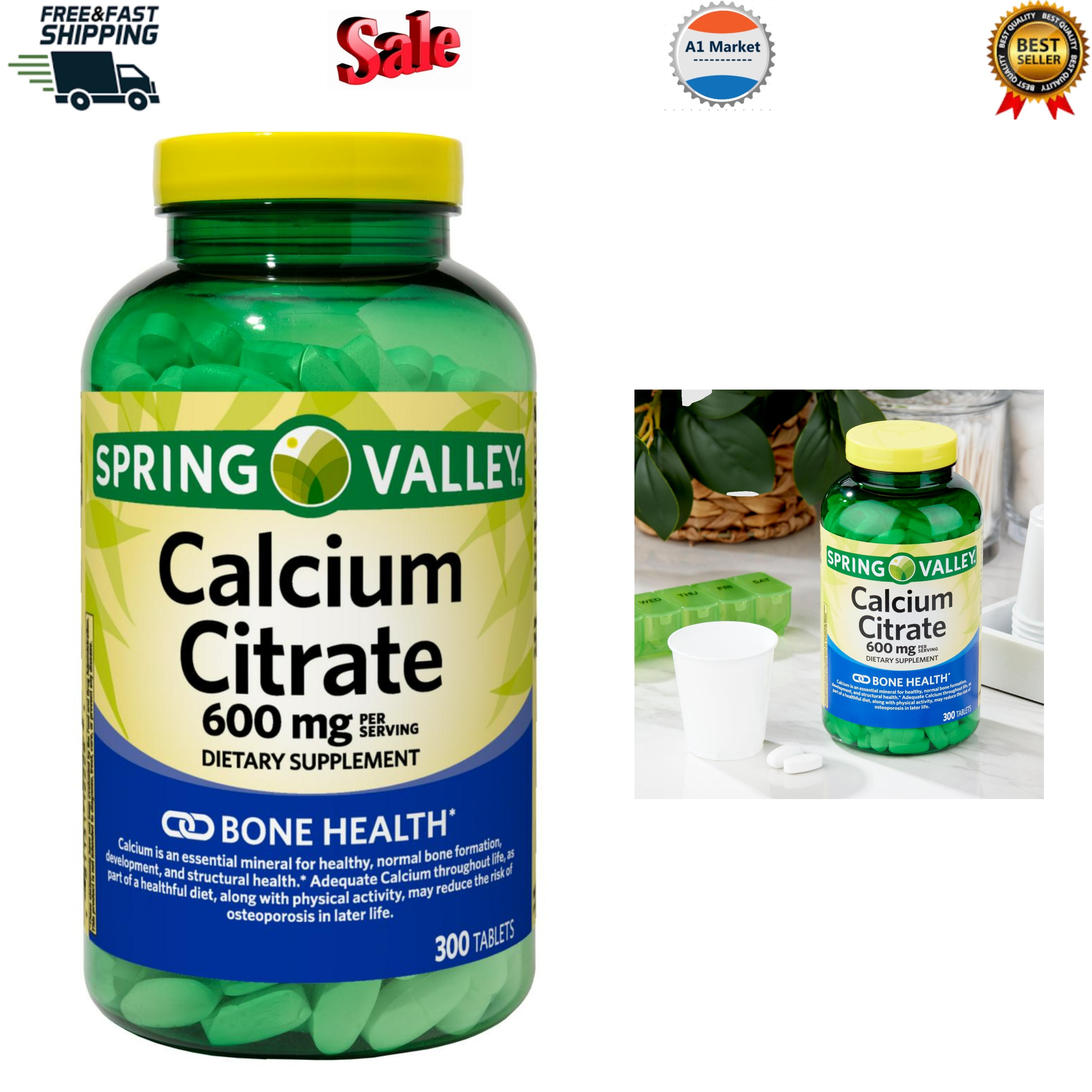 Spring Valley Calcium Citrate Tablets Bone health support 600 mg, 300