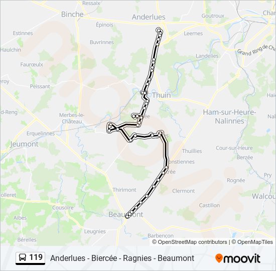 119 Itinéraire Horaires, Arrêts & Plan Anderlues Jonction‎→Beaumont
