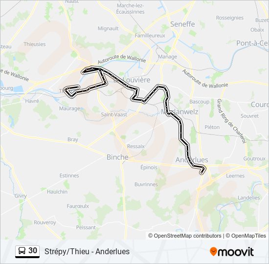 30 Itinéraire Horaires, Arrêts & Plan Anderlues Jonction‎→Thieu
