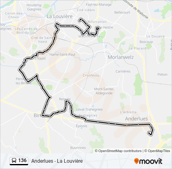 136 Itinéraire Horaires, Arrêts & Plan Anderlues Jonction‎→La