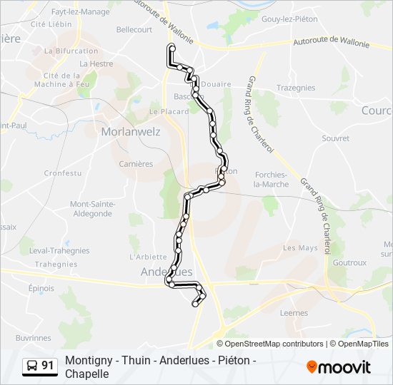 91 Itinéraire Horaires, Arrêts & Plan Anderlues Jonction‎→Chapelle