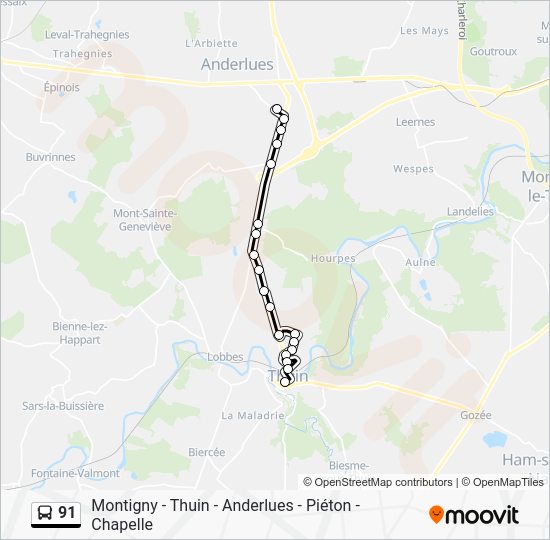 91 Itinéraire Horaires, Arrêts & Plan Thuin Ville Basse‎→Anderlues