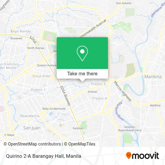 How to get to Quirino 2A Barangay Hall in Quezon City by bus or train?