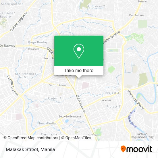 How to get to Malakas Street in Quezon City by bus or train?