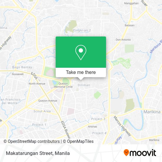How to get to Makatarungan Street in Quezon City by bus or train?