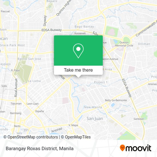How to get to Barangay Roxas District in Quezon City by bus or train?