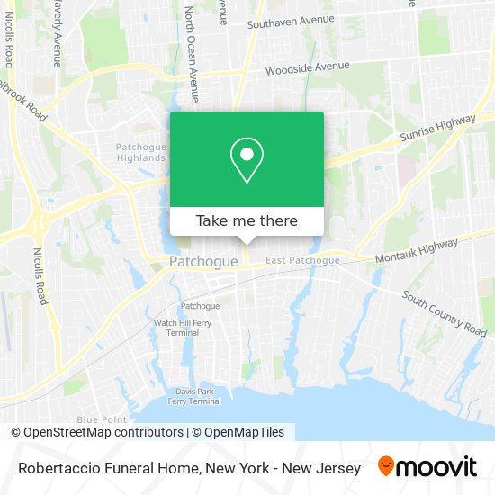 How to get to Robertaccio Funeral Home in Patchogue, Ny by train or bus?