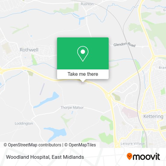 How to get to Woodland Hospital in Kettering by bus or train?